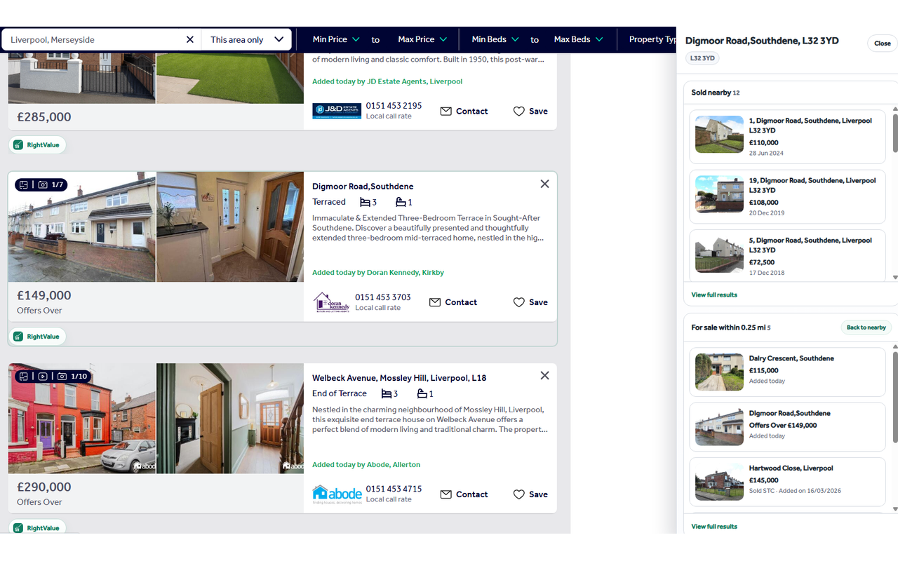 RightValue Chrome extension showing sold prices and comparables on a property listing